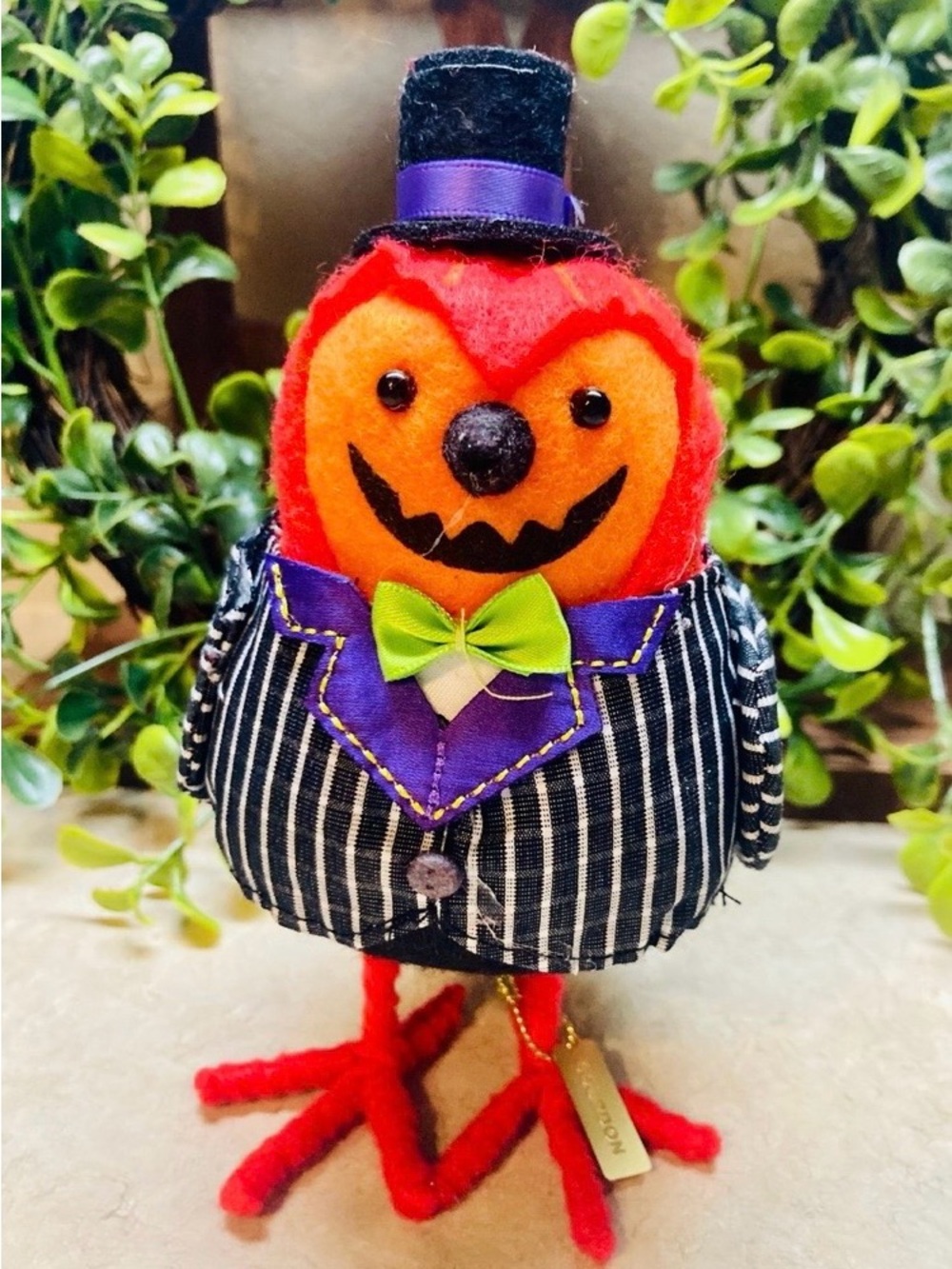Halloween Orange Plush Bird Figurine with Purple Accents